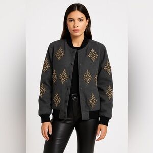 Sister Jane Embellished Bomber Jacket – Charcoal Gray Wool Blend Beaded Appliqué